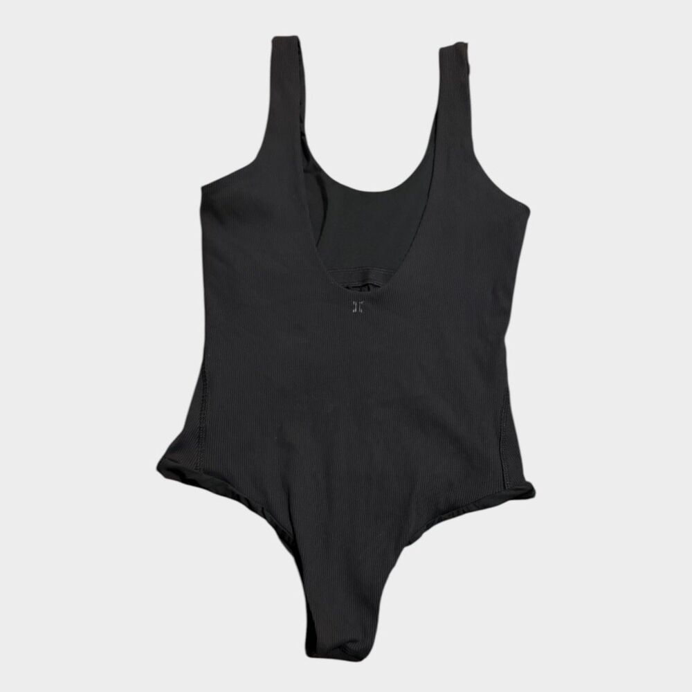 Hurley Women's One Piece Swimsuit M Black Ribbed Mesh Panel Scoop Neck Cheeky